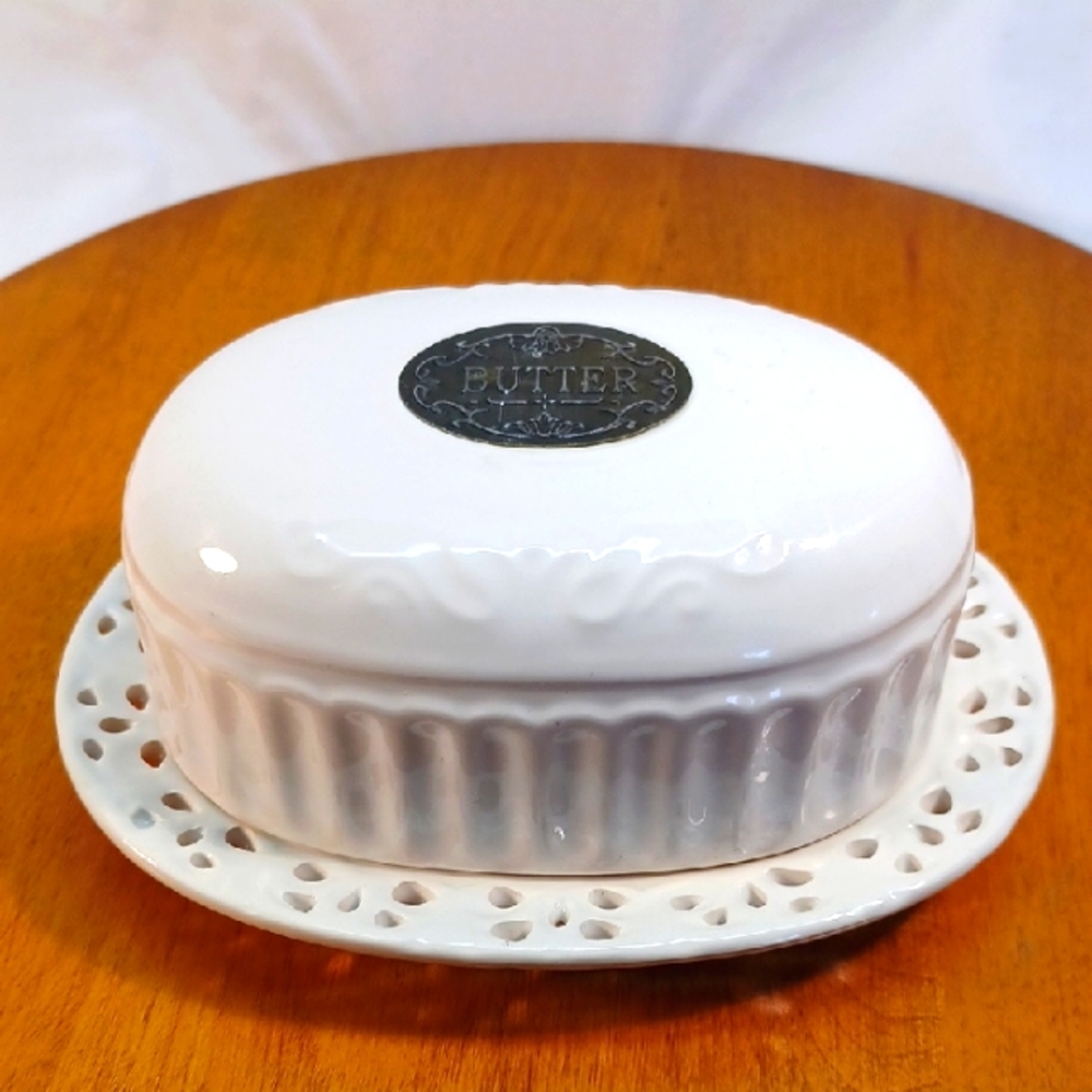 Retired White THL Classic French Cottage Butter Dish with Lid and Bronze Inlay. 